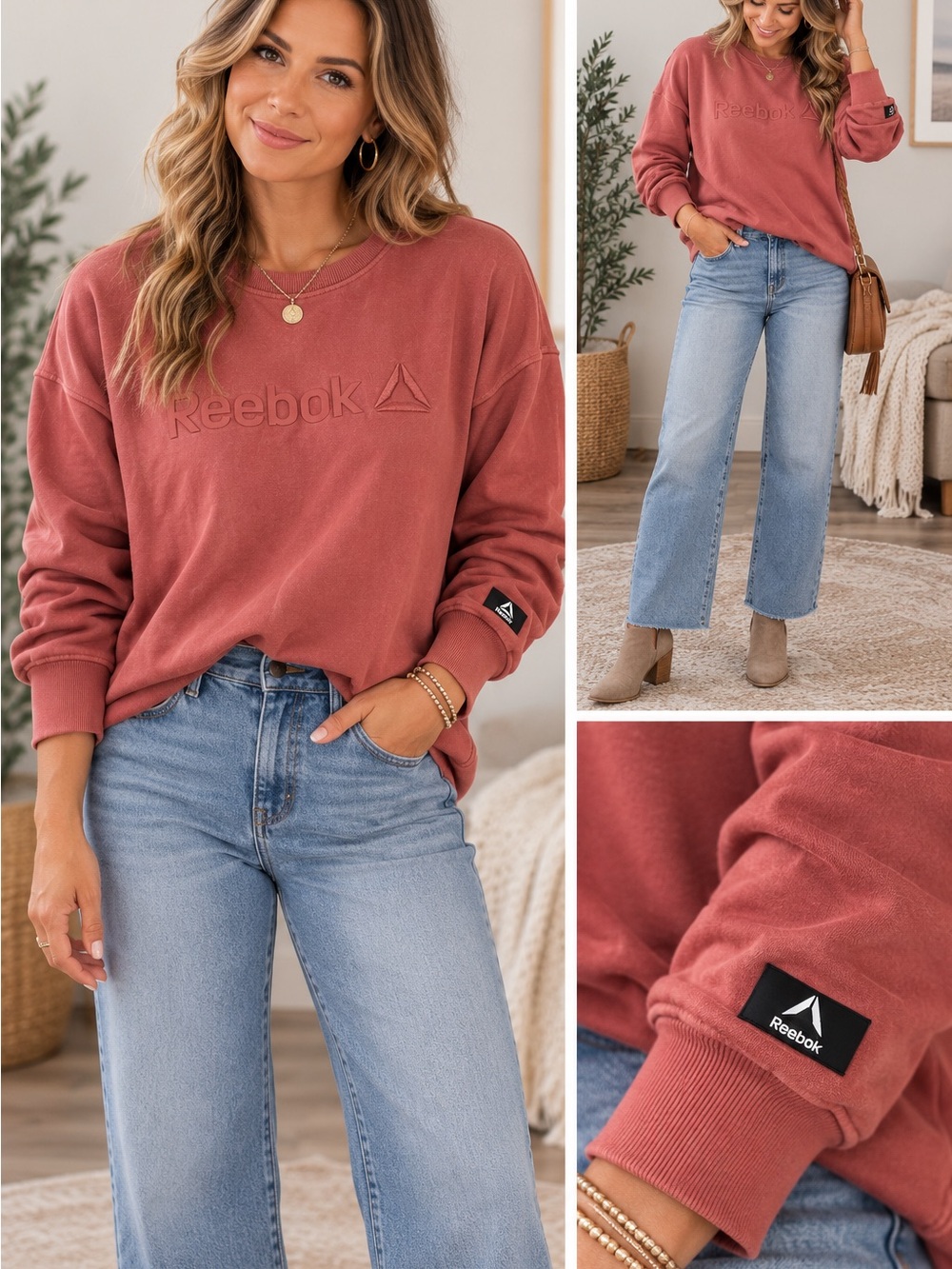 Reebok Oversized Sweatshirt Women’s Small Dusty Coral Tonal Logo Crewneck